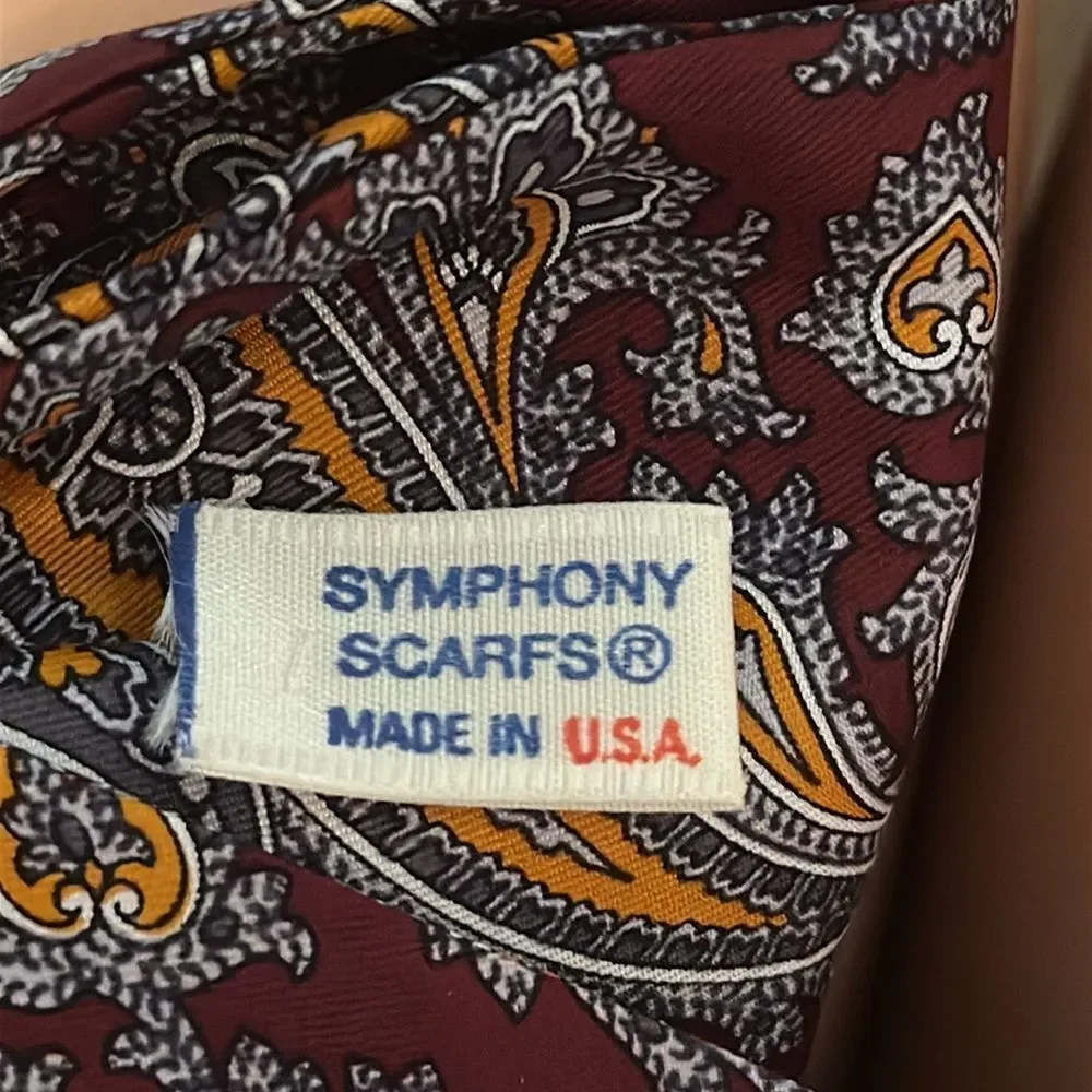 Vintage 80s Symphony Paisley Print Silk Pin On Bow Tie‎ Scarf in Burgundy & Gold